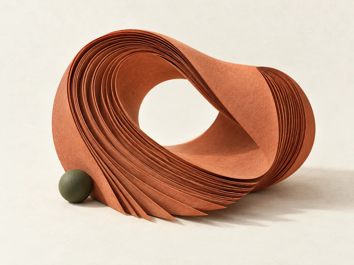 A sculptural loop of layered terracotta paper beside a small olive-colored sphere.